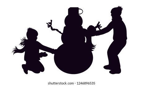 Vector silhouette of children with snowman.