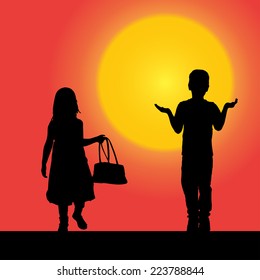 Vector silhouette of a children at sunset.