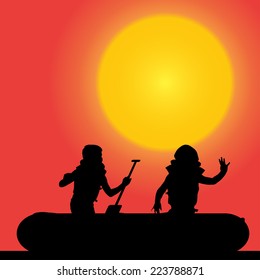 Vector silhouette of a children at sunset.