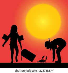 Vector silhouette of a children at sunset.