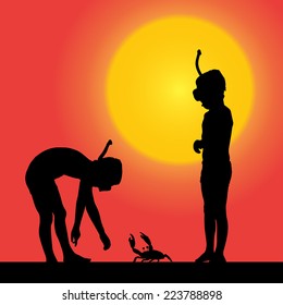 Vector silhouette of a children at sunset.