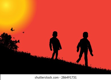 Vector silhouette of a children at sunset.