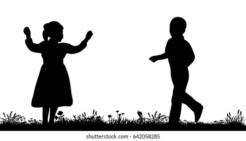 Vector, silhouette of children walking in nature, kindergarten