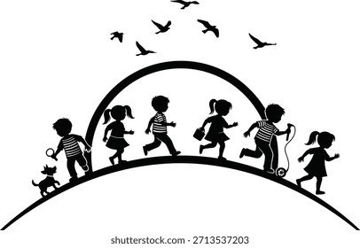 Vector silhouette of children walking and playing on hill with dog and birds, illustrating fun, friendship, activity, nature, childhood, and outdoor lifestyle.