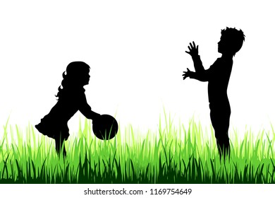 Vector silhouette of children who play on the meadow.