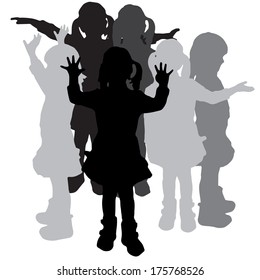 Vector silhouette of children who play on a white background.