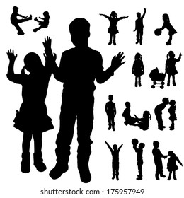 Vector silhouette of children who play on a white background.