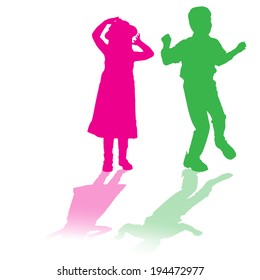 vector silhouette of children who play on white background.