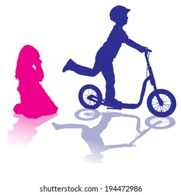 vector silhouette of children who play on white background.
