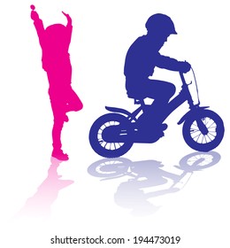 vector silhouette of children who play on white background.