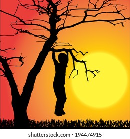 Vector silhouette of children who play at sunset.