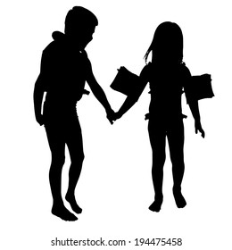 vector silhouette of children who play on white background.