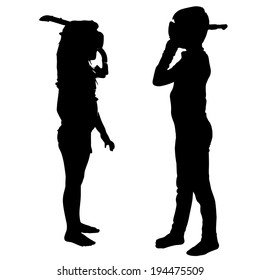 vector silhouette of children who play on white background.