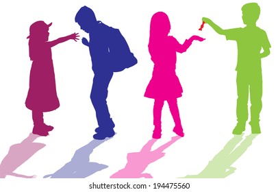 vector silhouette of children who play on white background.