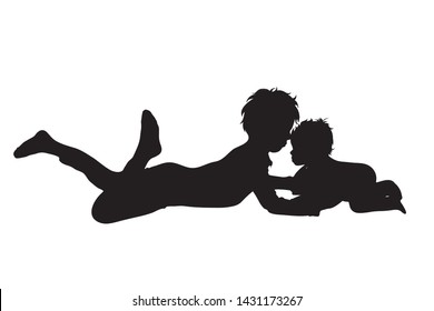 Vector silhouette of children who plays together on white background. Symbol of siblings, family, friends.