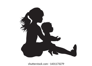 Vector silhouette of children who plays together on white background. Symbol of siblings, family, friends.