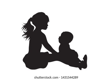 Vector silhouette of children who plays together on white background. Symbol of siblings, family, friends.