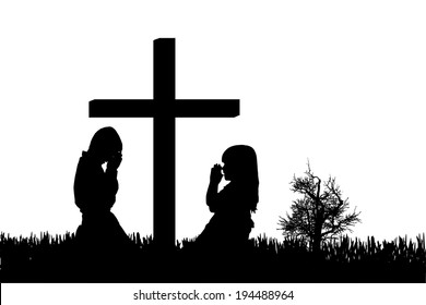 Vector silhouette of a children who is praying at the cross.