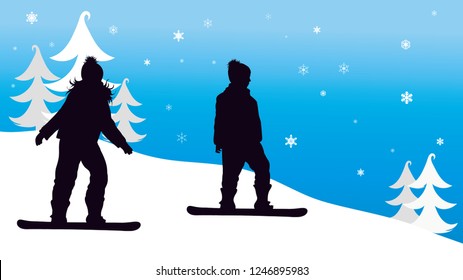 Vector silhouette of children who snowboarding in the mountains in winter.