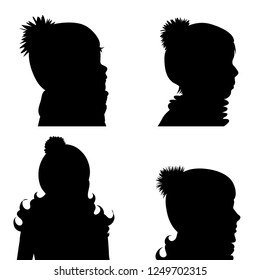 Vector silhouette of children with winter cap on white background.