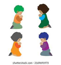 Vector silhouette of a children's and child praying on a  white background.