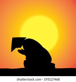 Vector silhouette of Chinese with hat at sunset. 