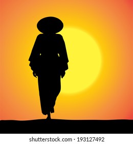 Vector silhouette of Chinese with hat at sunset. 