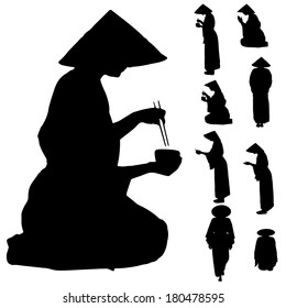 Vector silhouette of Chinese on white background. 