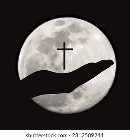 Vector silhouette of the Christian cross on the background of the moon. Symbol of religion.