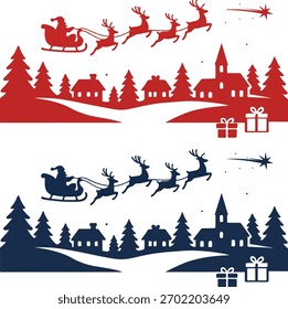 Vector silhouette Christmas scene set featuring Santa Claus on his sleigh pulled by flying reindeer over a snowy winter village with houses, pine trees, a church, and festive gifts.