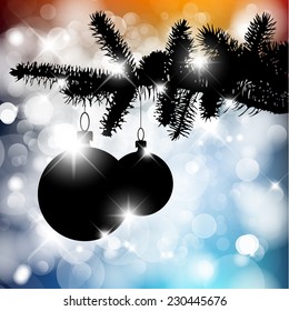 Vector silhouette of a Christmas tree with bulbs and golden lights