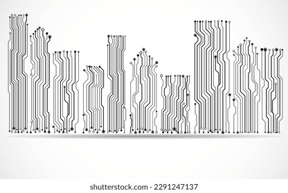 Edificios urbanos de silueta vectorial con placa de circuito