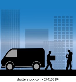 Vector silhouette of the city with a car.