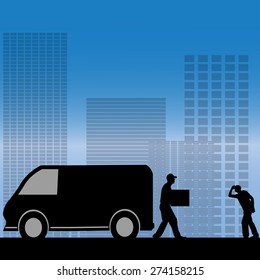 Vector silhouette of the city with a car.