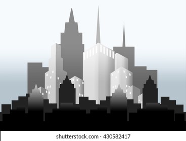 vector silhouette of city in the mist