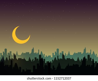 Vector silhouette city, night and moon.