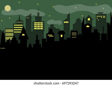 Vector silhouette of the city with night sky, stars and full moon.