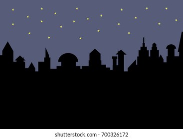 Vector silhouette of the city with night sky and stars.