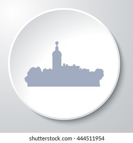 Vector silhouette of the city on a white paper plate. Vector illustration of city on the decorative plate. Vector illustration of a white background plate with monochrome city. 