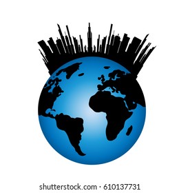 Vector silhouette of a  city on the world on white background.