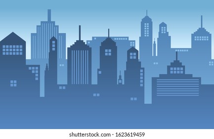 Vector silhouette of a city with tall buildings in the morning