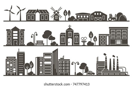 Vector Silhouette of City, Town and Countryside Illustration - buildings, skyscraper, church, park, factory, barn, mill, tractor and trees. 