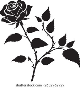 Vector silhouette of a classic rose flower with detailed leaves and curved stem. Elegant and romantic floral design in black, isolated on white background. Perfect for nature icons.
