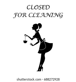 Vector silhouette of a cleaning lady with feather duster and text CLOSED FOR CLEANING