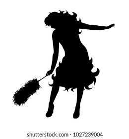 Vector Silhouette Of Cleaning Lady On White Background.