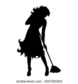 Vector Silhouette Of Cleaning Lady On White Background.