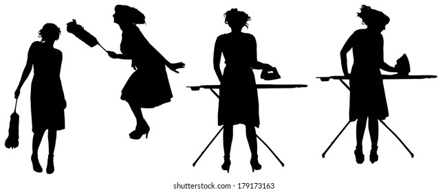 Vector silhouette of a cleaning lady on a white background. 