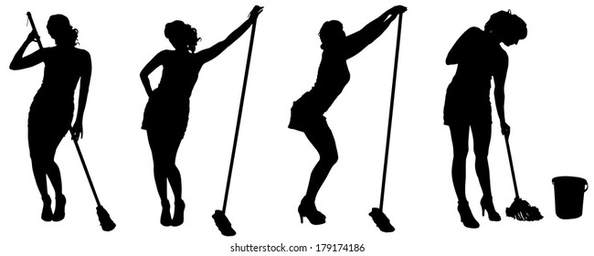 Vector silhouette of a cleaning lady on a white background. 