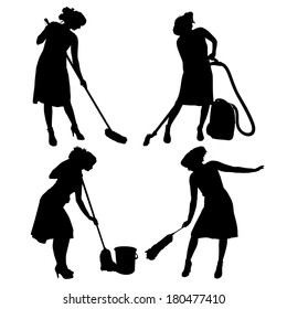 Vector Silhouette Of A Cleaning Lady On A White Background. 