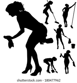 Vector silhouette of a cleaning lady on a white background. 